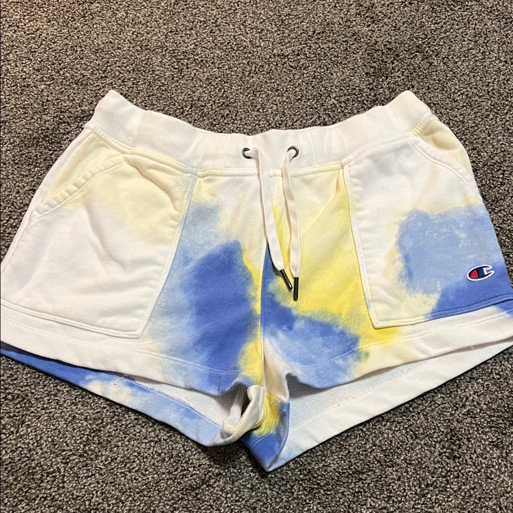 Champion Women's Athletic Shorts - Blue and Yellow Tie-Dye